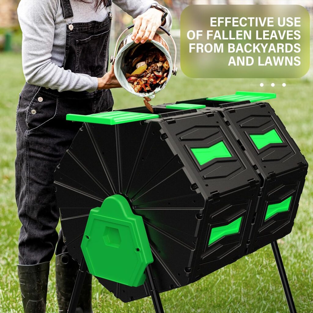 EFURDEN Dual Chamber Compost Tumbler Outdoor Rotating Composter, with a Fast and Efficient Composting System for Garden, Kitchen, and Yard Waste (45 Gallon)