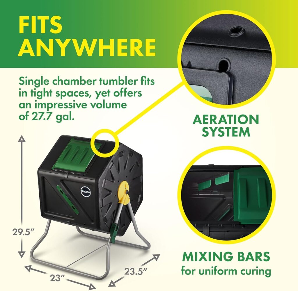 Miracle-Gro Small Composter - Compact Single Chamber Outdoor Garden Compost Bin Heavy Duty – UV Protected Turning Barrel Tumbling Composter (27.7 gallons)