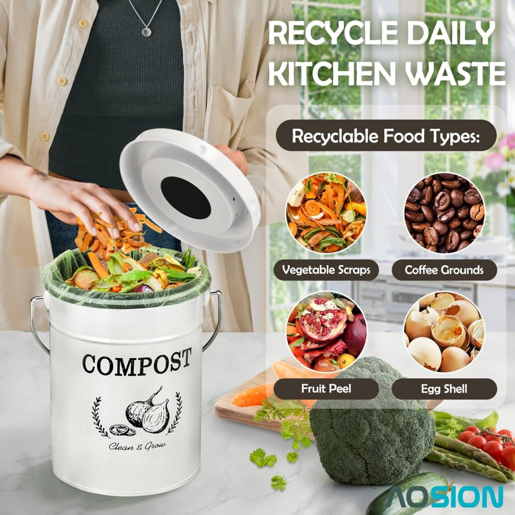 AOSION Compost Bin Kitchen Counter,Countertop Compost Bin with Lid,Indoor Kitchen Compost Bin,Composter Container,Compost Pail Food Waste Bin for Kitchen,1.0 Gallon,White