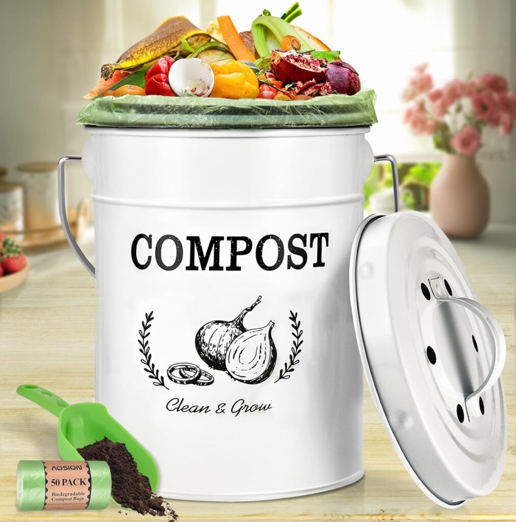 AOSION Compost Bin Kitchen Counter,Countertop Compost Bin with Lid,Indoor Kitchen Compost Bin,Composter Container,Compost Pail Food Waste Bin for Kitchen,1.0 Gallon,White