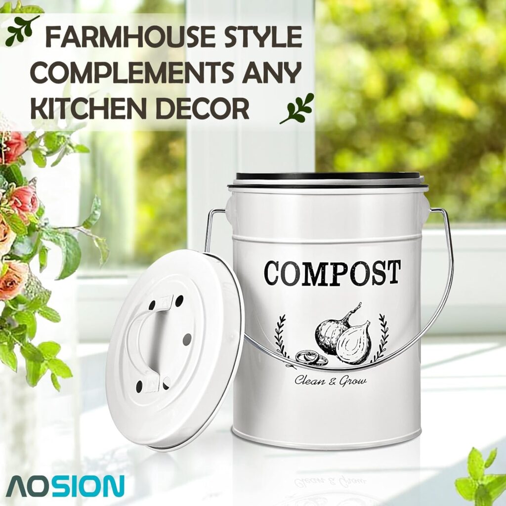 AOSION Compost Bin Kitchen Counter,Countertop Compost Bin with Lid,Indoor Kitchen Compost Bin,Composter Container,Compost Pail Food Waste Bin for Kitchen,1.0 Gallon,White