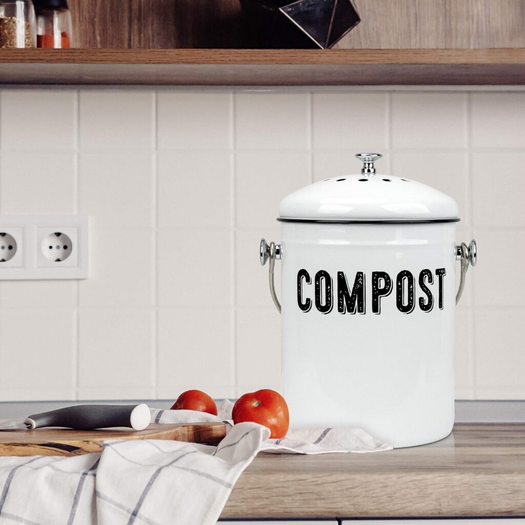 Granrosi Kitchen Compost Bin Countertop, Indoor Compost Bin with Lid, 100% Rust Proof Compost Bucket w/Non-Smell Charcoal Filters, 1.3 Gallon - White