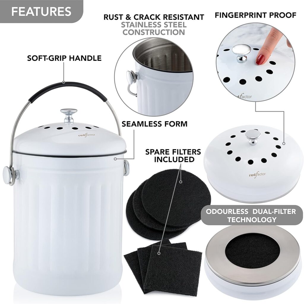 RED FACTOR Premium Compost Bin for Kitchen Countertop - Stainless Steel Food Waste Bucket with Innovative Dual Filter Technology - Includes Spare Filters (Matt Copper, 1.3 Gallon)